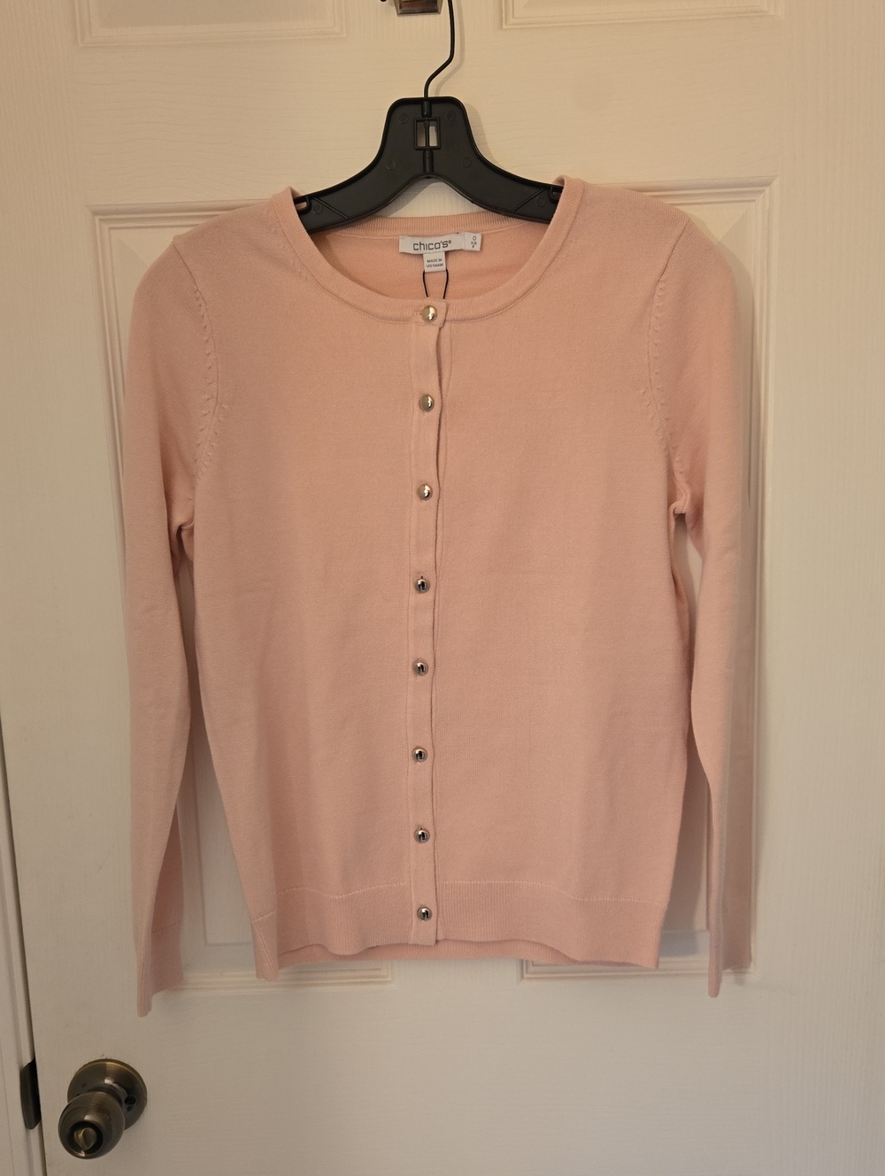 Chico's Light Pink Button-Front Crewneck Cardigan